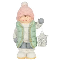 Kerstdecoratie>Beeld kind groen lantaarn 43 cm