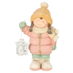 Kerstdecoratie>Beeld kind roze lantaarn 43 cm