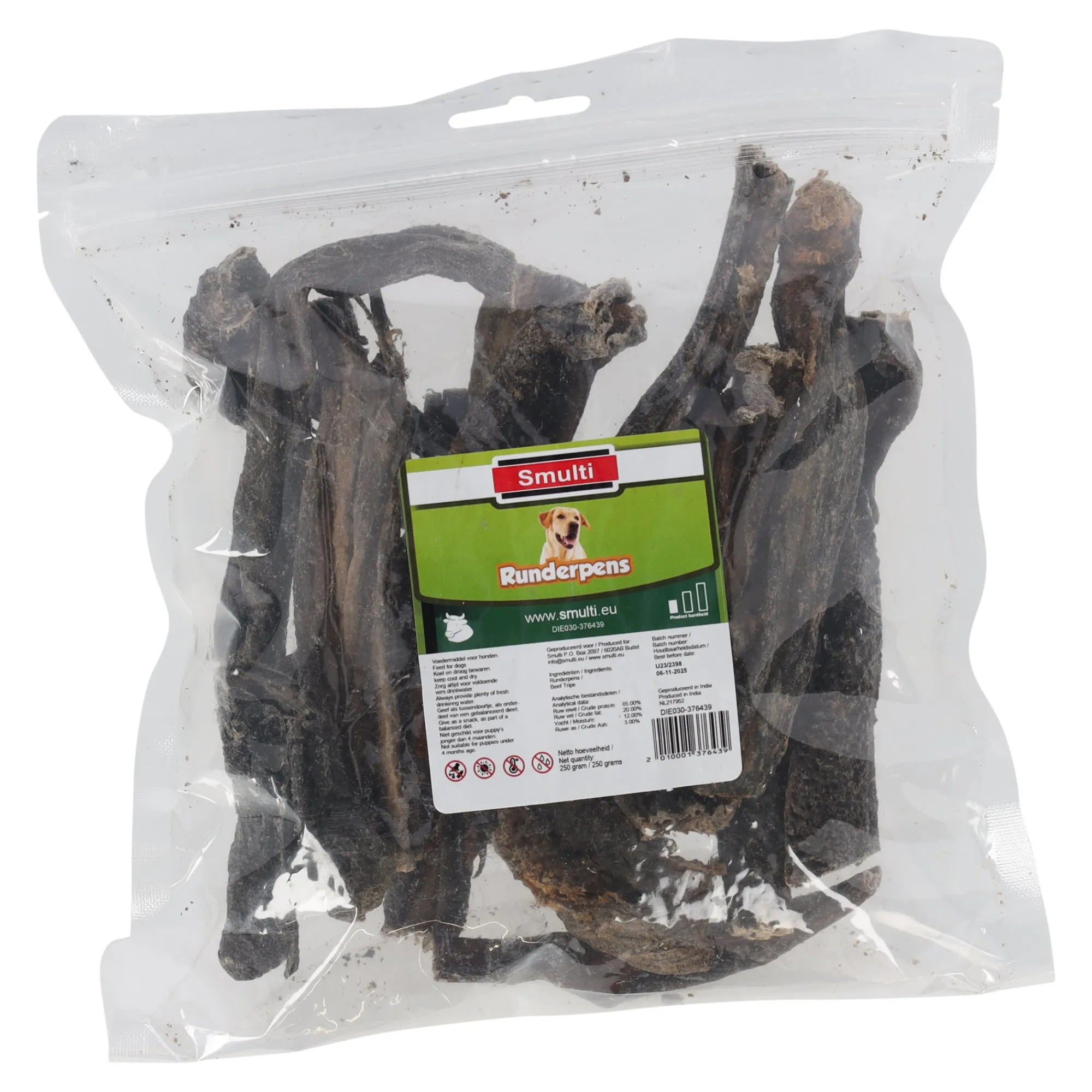 Smulti Hondensnacks>Hondensnack runderpens 250g