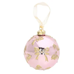 Kerstballen>Kerstbal glas roze strikjes 10 cm