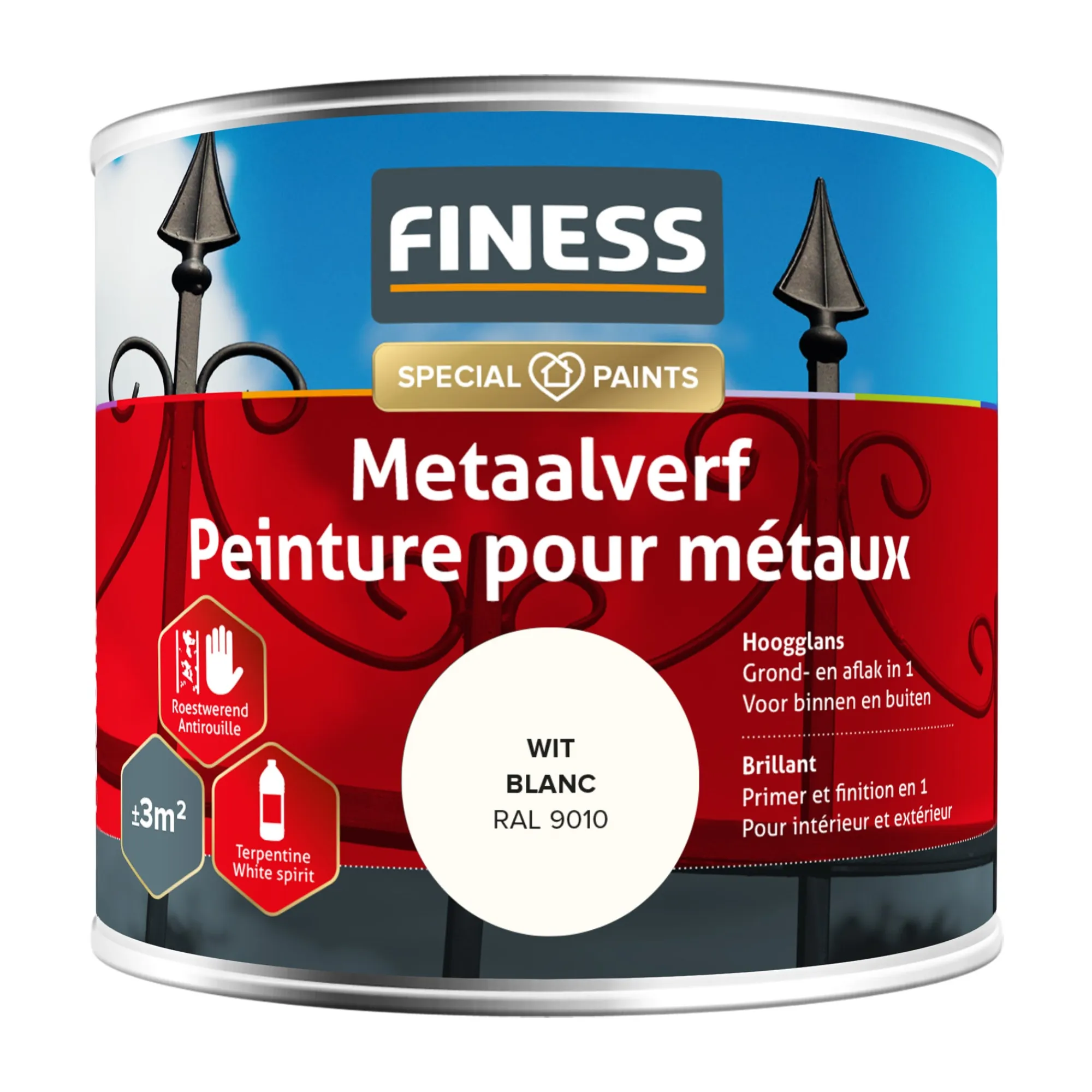 Finess Lakken>Metaalverf hoogglans wit 9010 250ml